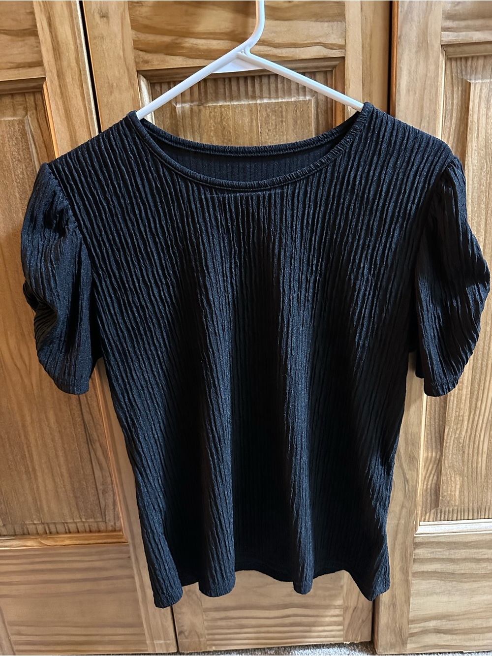 SHEIN Black Textured Puff Sleeve Short Sleeve Top